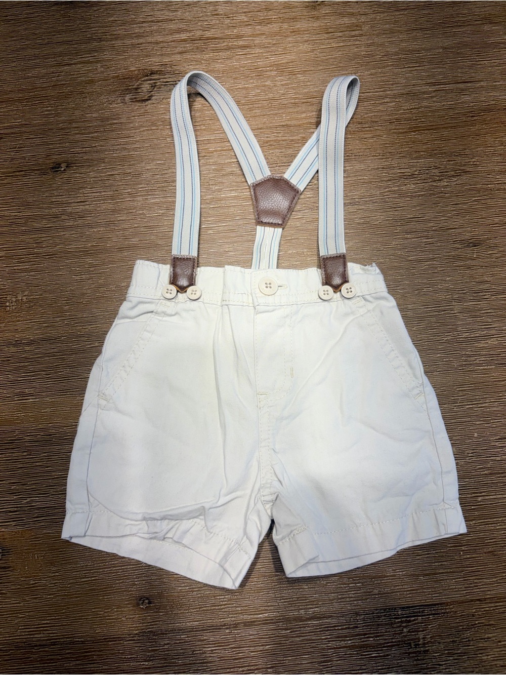 Baby B’gosh - Cream Shorts with Blue-Striped removable Suspenders - 12 months